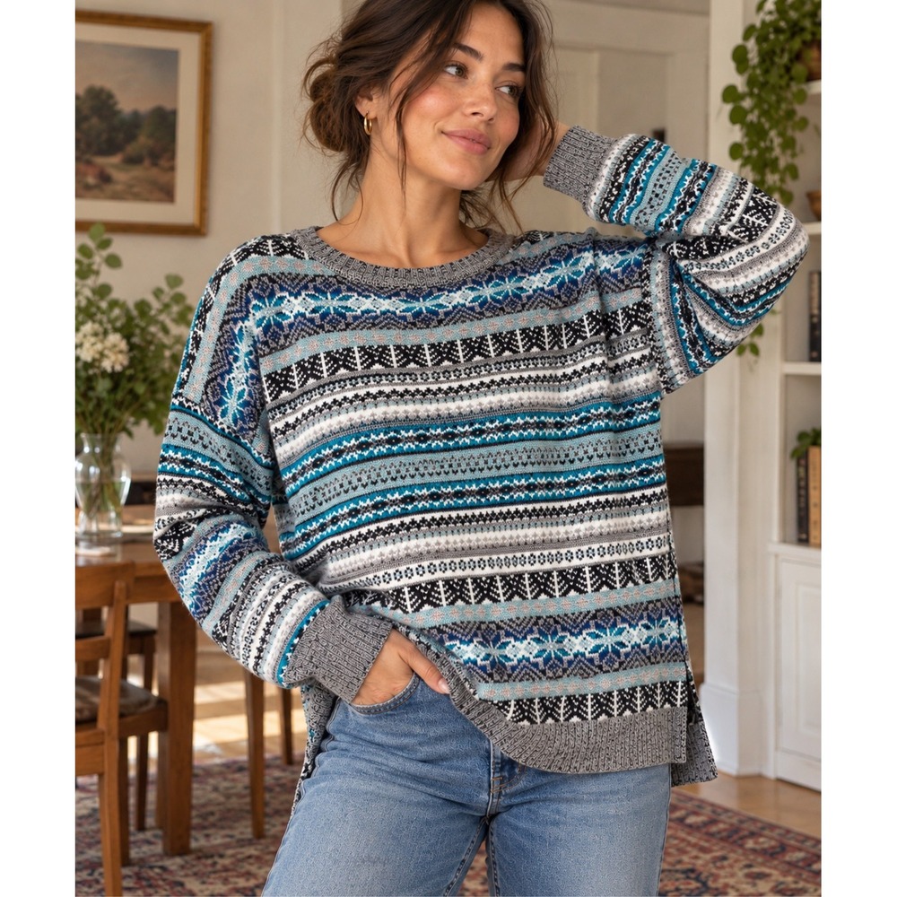 Victoria's Secret Fair Isle Sweater Nordic Knit Cotton Blue Gray Medium